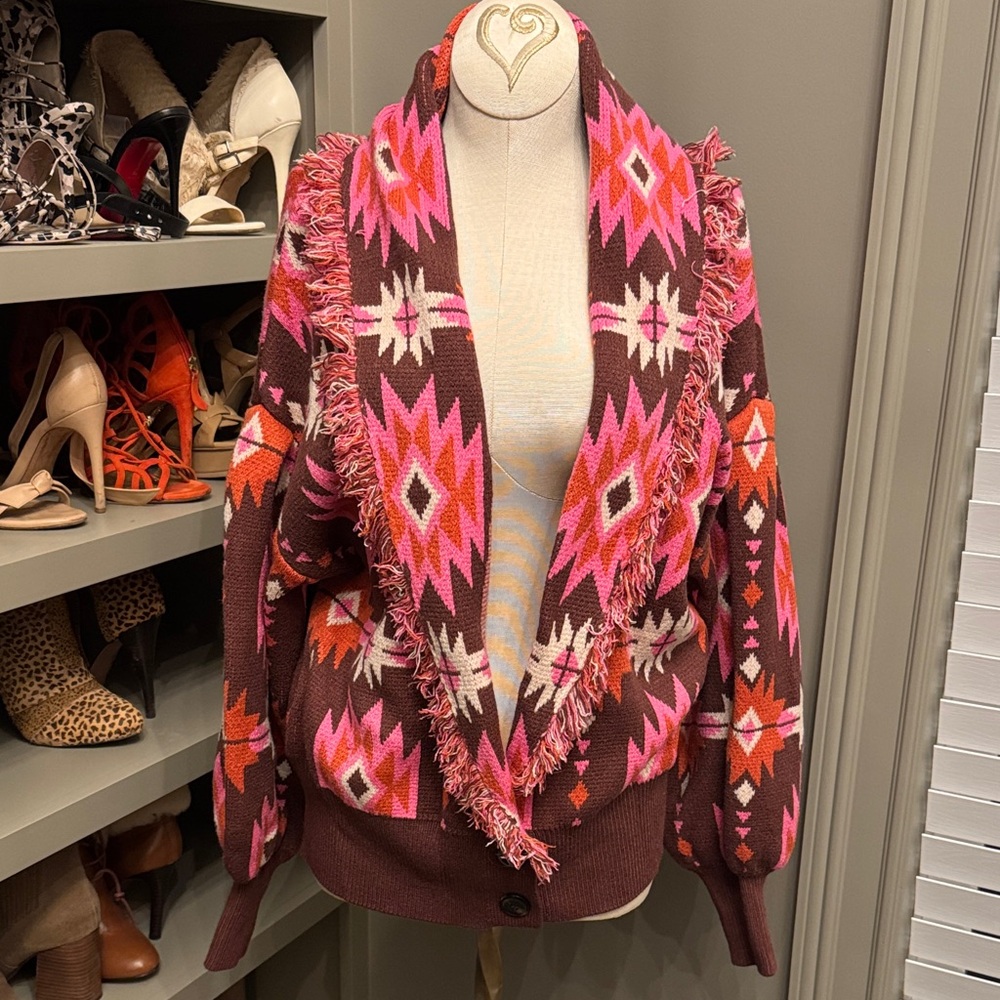 THML Fringed Aztec Open-Front Cardigan Sweater - Pink & Brown